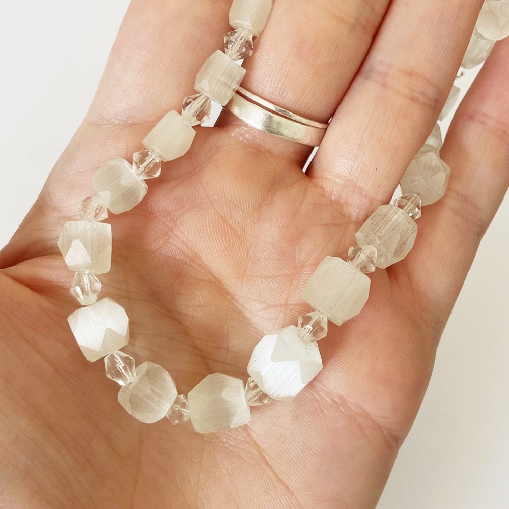 Vintage Japan frosted cut glass necklace with silver box clasp 16”